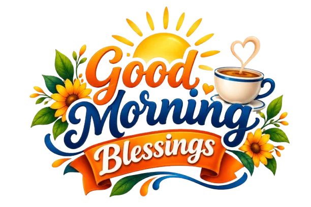 Good Morning Blessings logo with sunrise, coffee cup, sunflowers, and orange ribbon