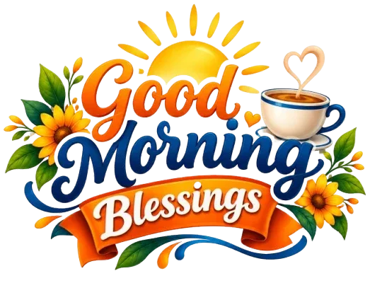 Good Morning Blessings logo with sunrise, coffee cup, sunflowers, and orange ribbon