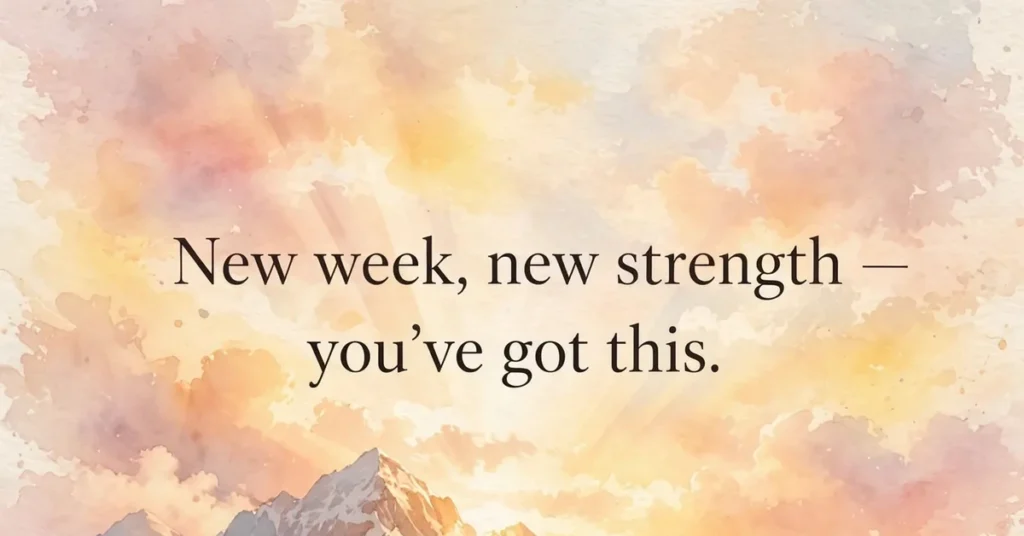 Good morning Monday blessings message over a mountain landscape at sunrise.
