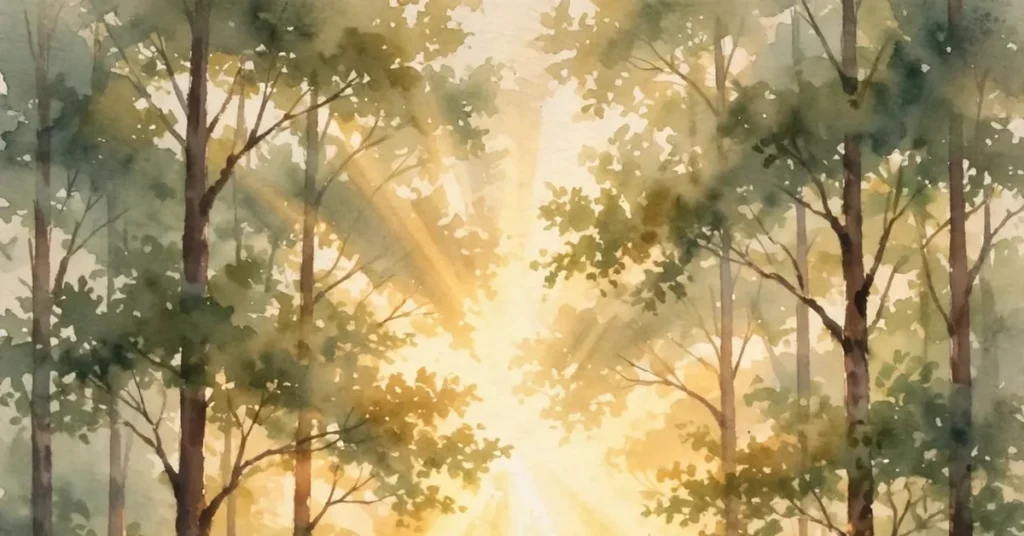 Dove flying over a misty forest at sunrise, symbolizing peace.
