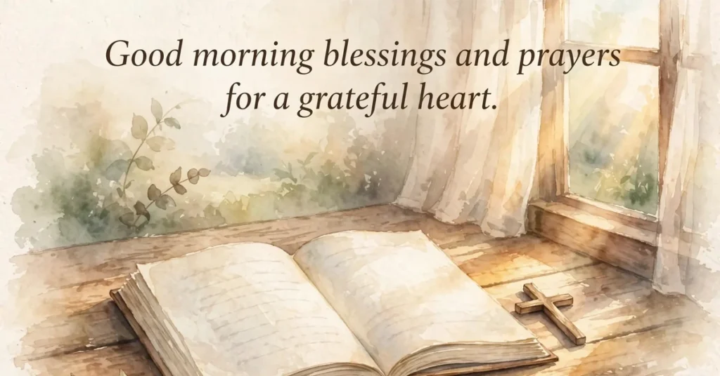 Open book in gentle morning light, a quiet moment for good morning blessings and prayer