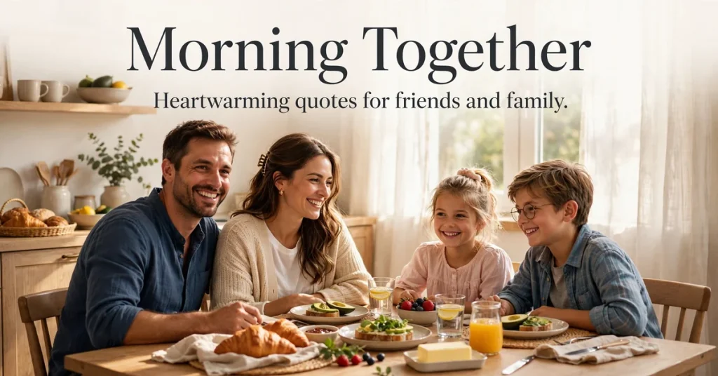 Family gathered around a bright breakfast table