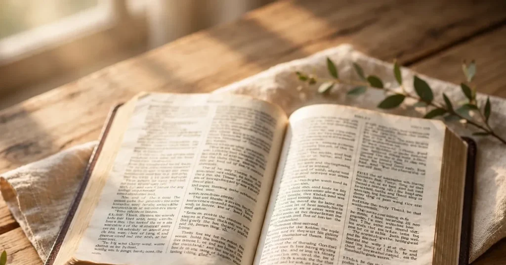 Open Bible on a wooden table in warm morning sunlight